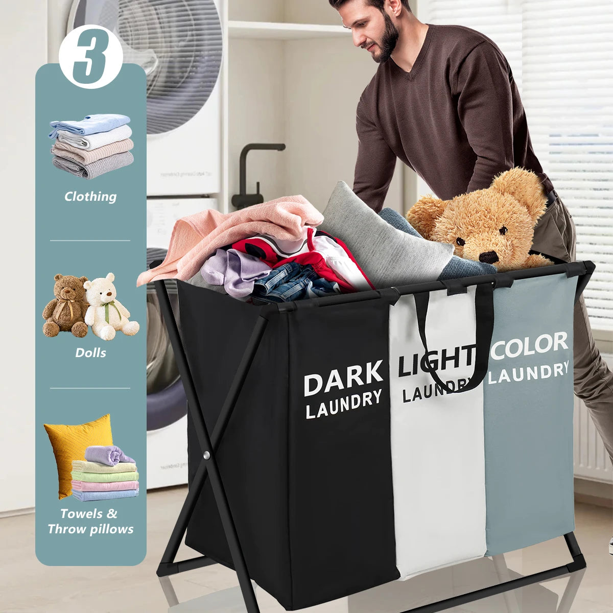 3-Section Divided Foldable Laundry Basket