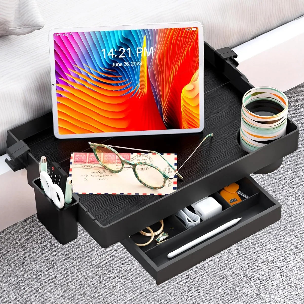Foldable Bedside Nightstand Tray with Cup Holder