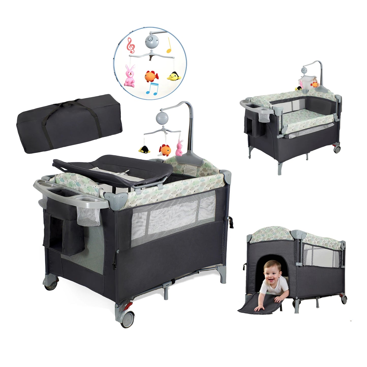 Baby Playard with Changing Table, Lockable Wheels and Music Box – Foldable Bedside Sleeper