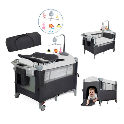 Baby Playard with Changing Table, Lockable Wheels and Music Box – Foldable Bedside Sleeper