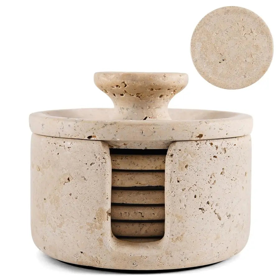 Stone Marble Coasters With Holder Lid