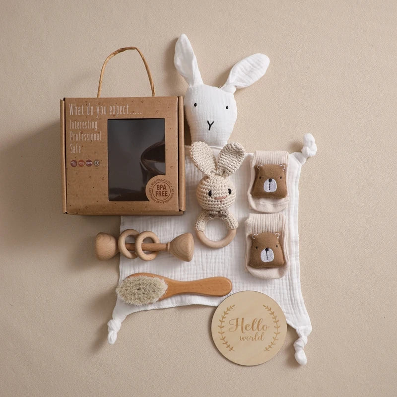 7 Piece Newborn Baby Gift Set with Cotton Blanket, Wooden Rattle and Bath Items