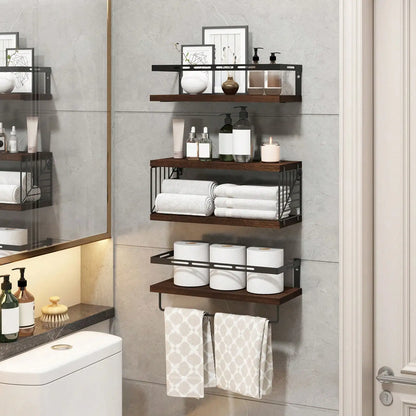 Rustic Wood Floating Bathroom Shelves With Towel Bar