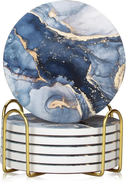 Ceramic Marble Coaster Set With Gold Holder