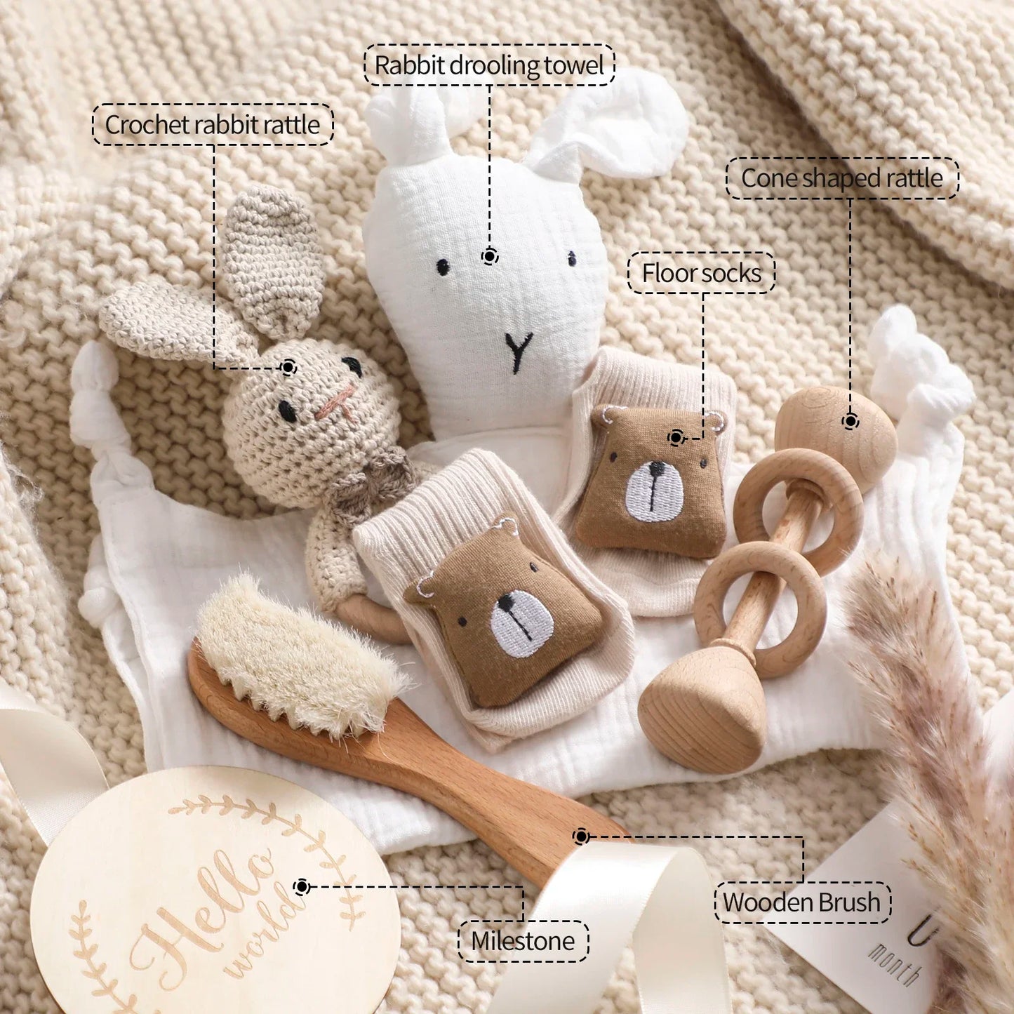 7 Piece Newborn Baby Gift Set with Cotton Blanket, Wooden Rattle and Bath Items