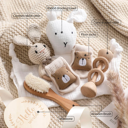 7 Piece Newborn Baby Gift Set with Cotton Blanket, Wooden Rattle and Bath Items