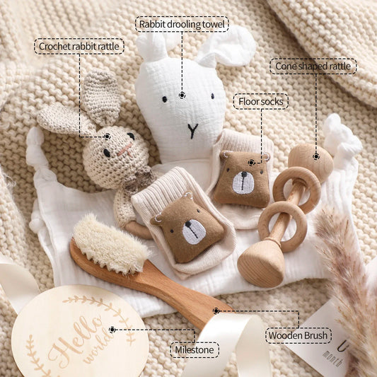 7 Piece Newborn Baby Gift Set with Cotton Blanket, Wooden Rattle and Bath Items