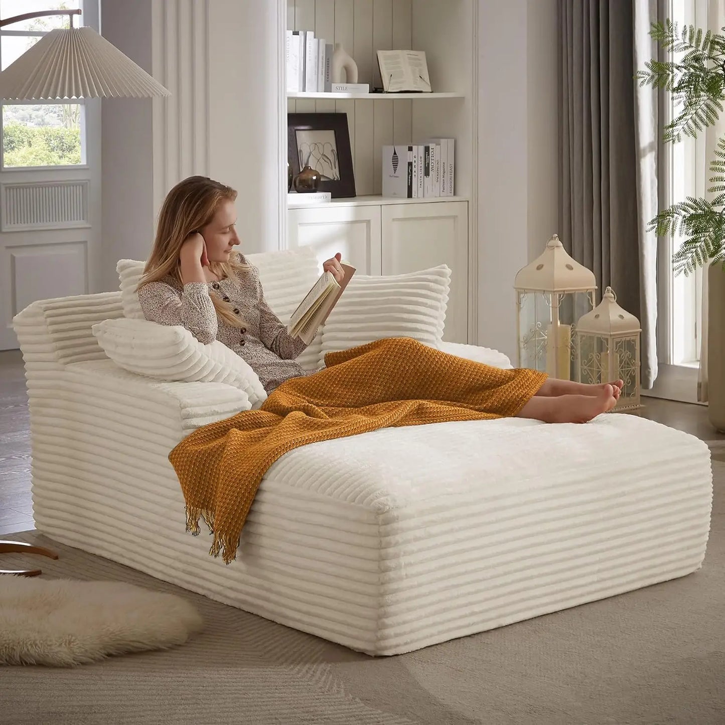 Oversized Chaise Lounge Chair with Pillows and Corduroy Fabric for Living Room or Bedroom