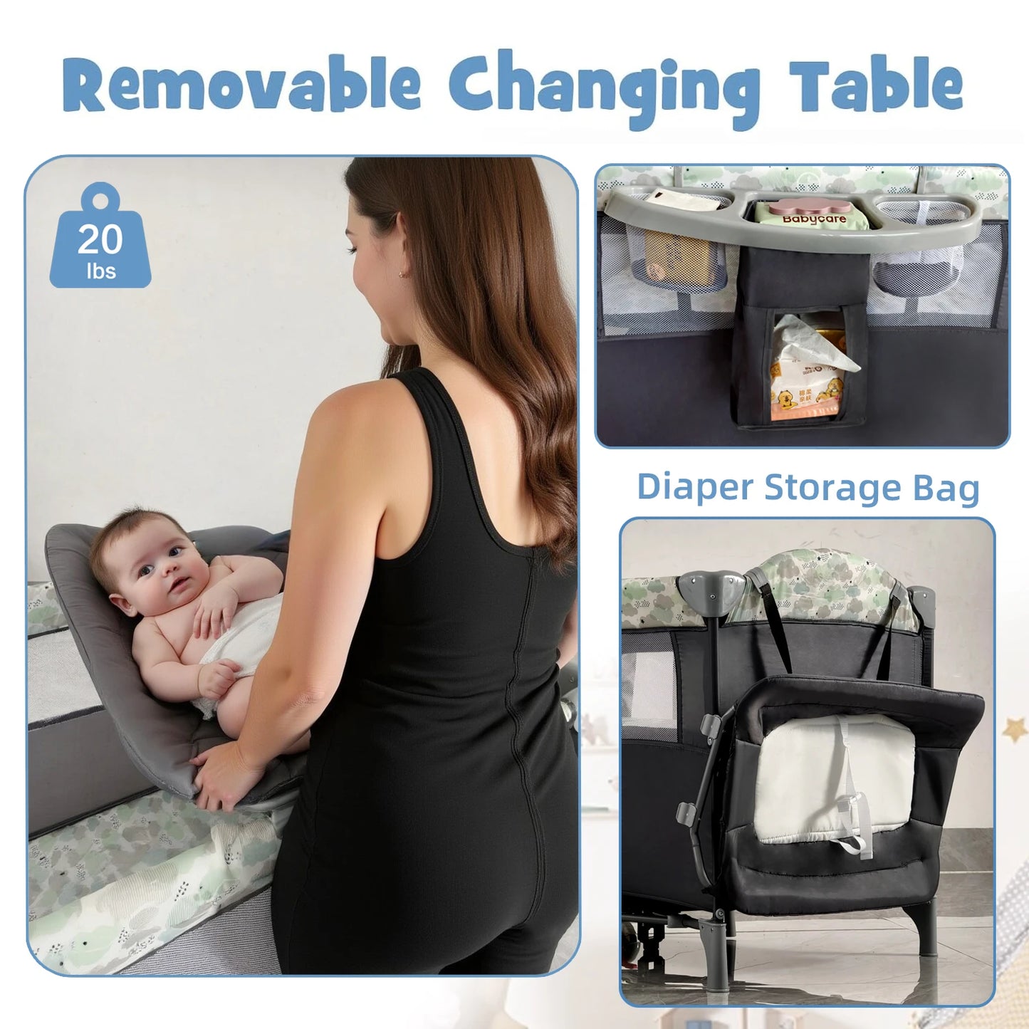 Baby Playard with Changing Table, Lockable Wheels and Music Box – Foldable Bedside Sleeper