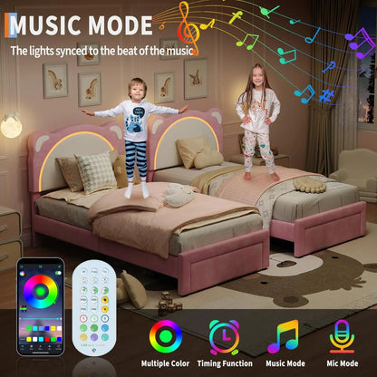Twin LED Bed Frame with Storage and Velvet Headboard – Pink