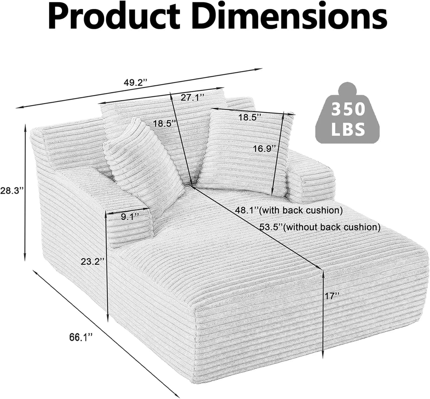 Oversized Chaise Lounge Chair with Pillows and Corduroy Fabric for Living Room or Bedroom