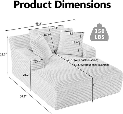 Oversized Chaise Lounge Chair with Pillows and Corduroy Fabric for Living Room or Bedroom