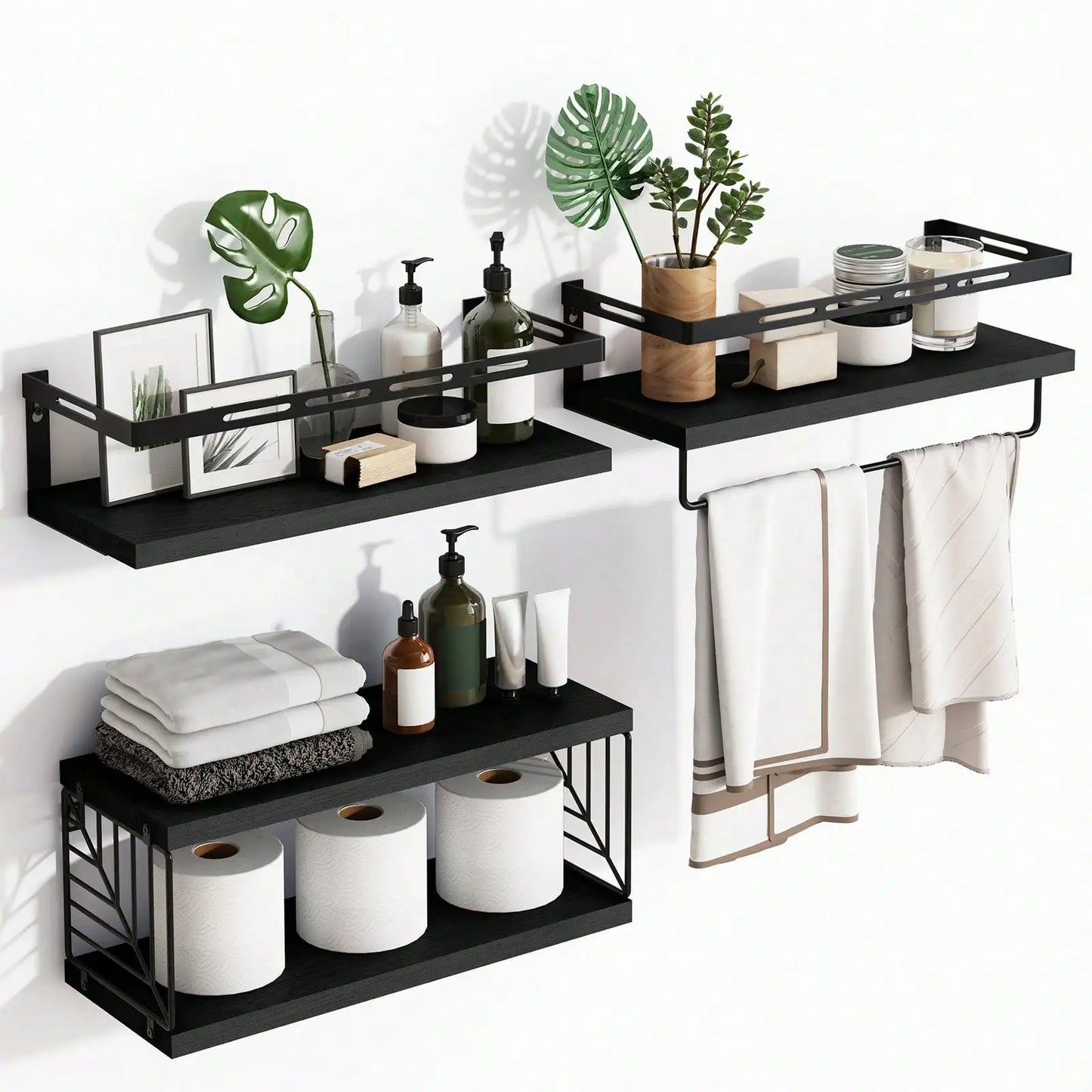 Rustic Wood Floating Bathroom Shelves With Towel Bar