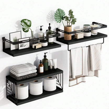 Rustic Wood Floating Bathroom Shelves With Towel Bar