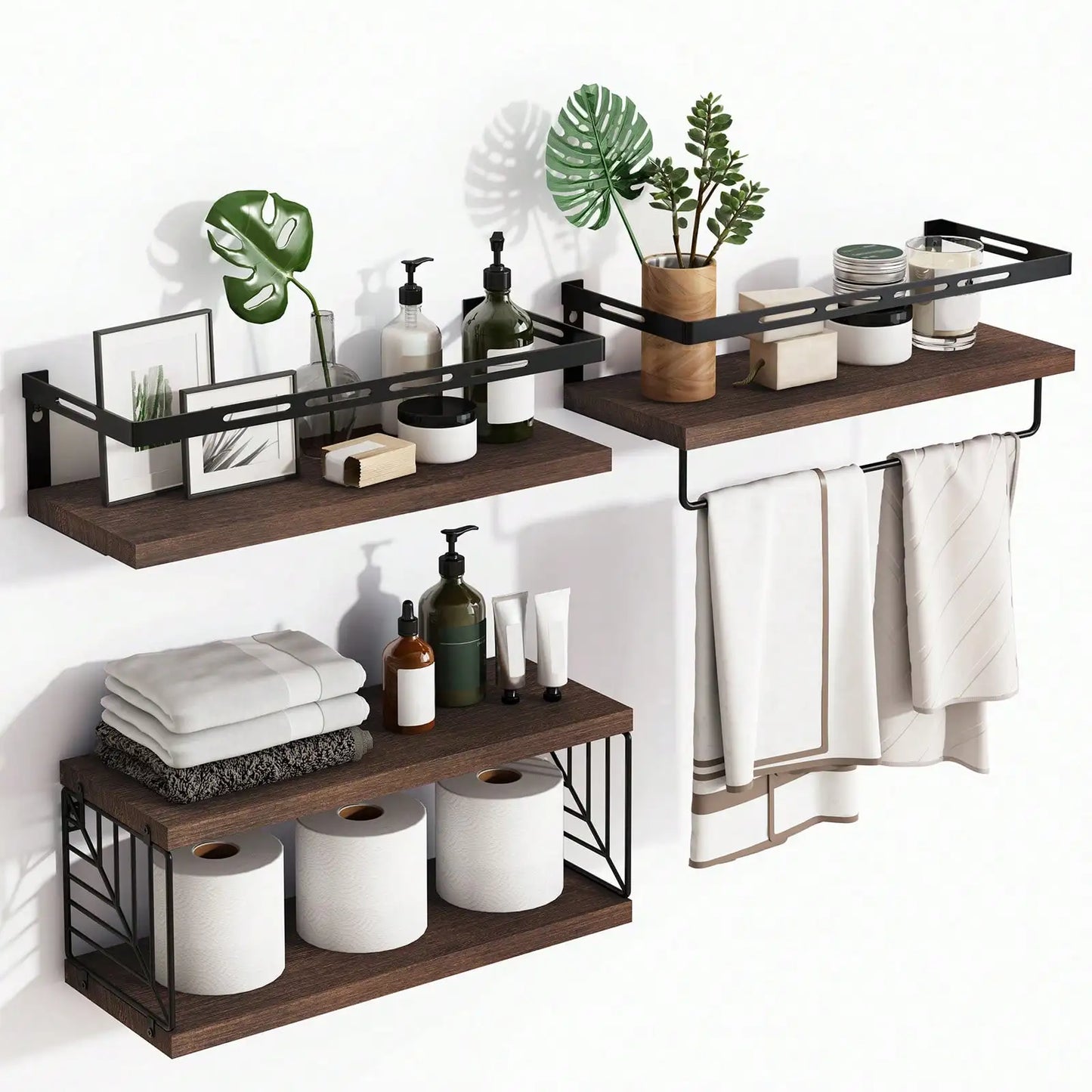 Rustic Wood Floating Bathroom Shelves With Towel Bar