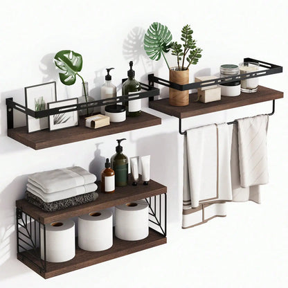 Rustic Wood Floating Bathroom Shelves With Towel Bar