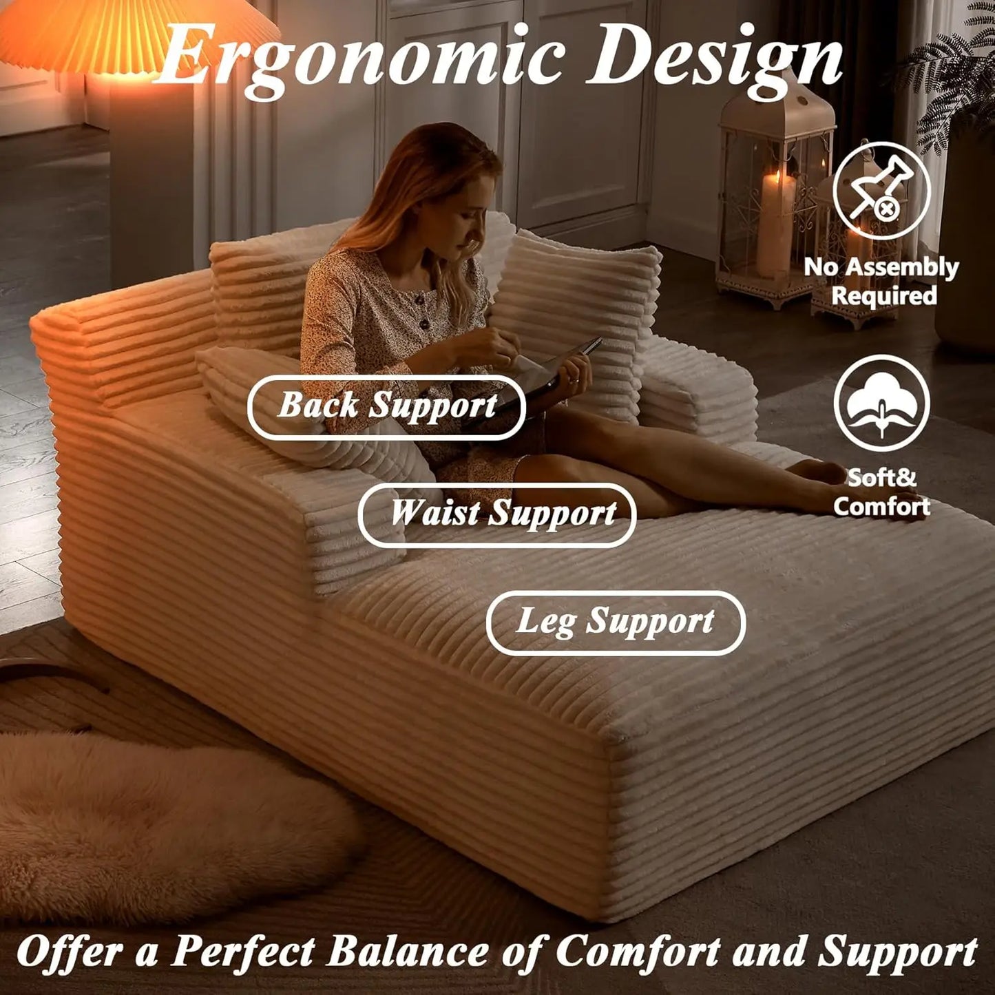 Oversized Chaise Lounge Chair with Pillows and Corduroy Fabric for Living Room or Bedroom