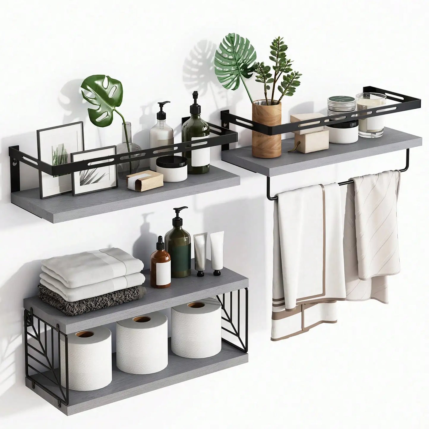Rustic Wood Floating Bathroom Shelves With Towel Bar