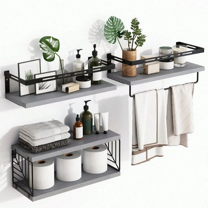 Rustic Wood Floating Bathroom Shelves With Towel Bar