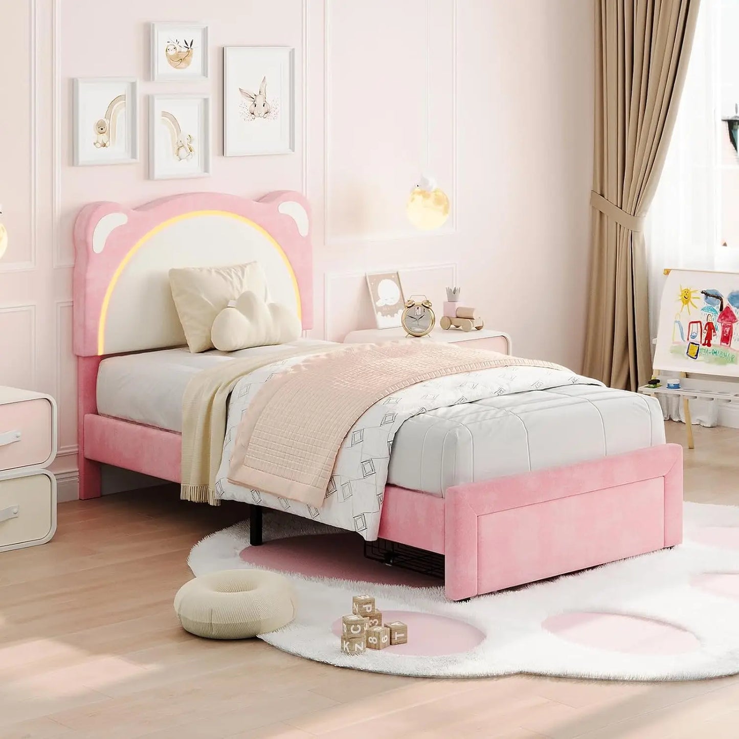 Twin LED Bed Frame with Storage and Velvet Headboard – Pink