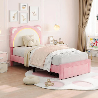Twin LED Bed Frame with Storage and Velvet Headboard – Pink