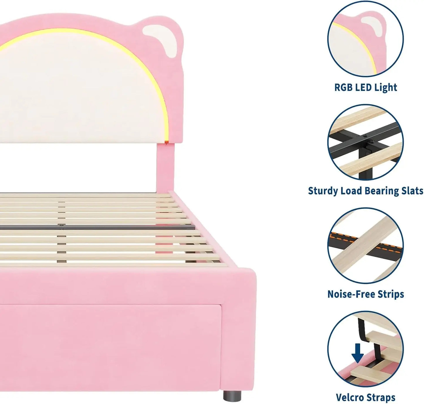 Twin LED Bed Frame with Storage and Velvet Headboard – Pink