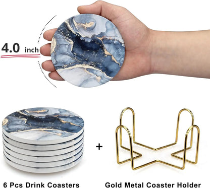 Ceramic Marble Coaster Set With Gold Holder