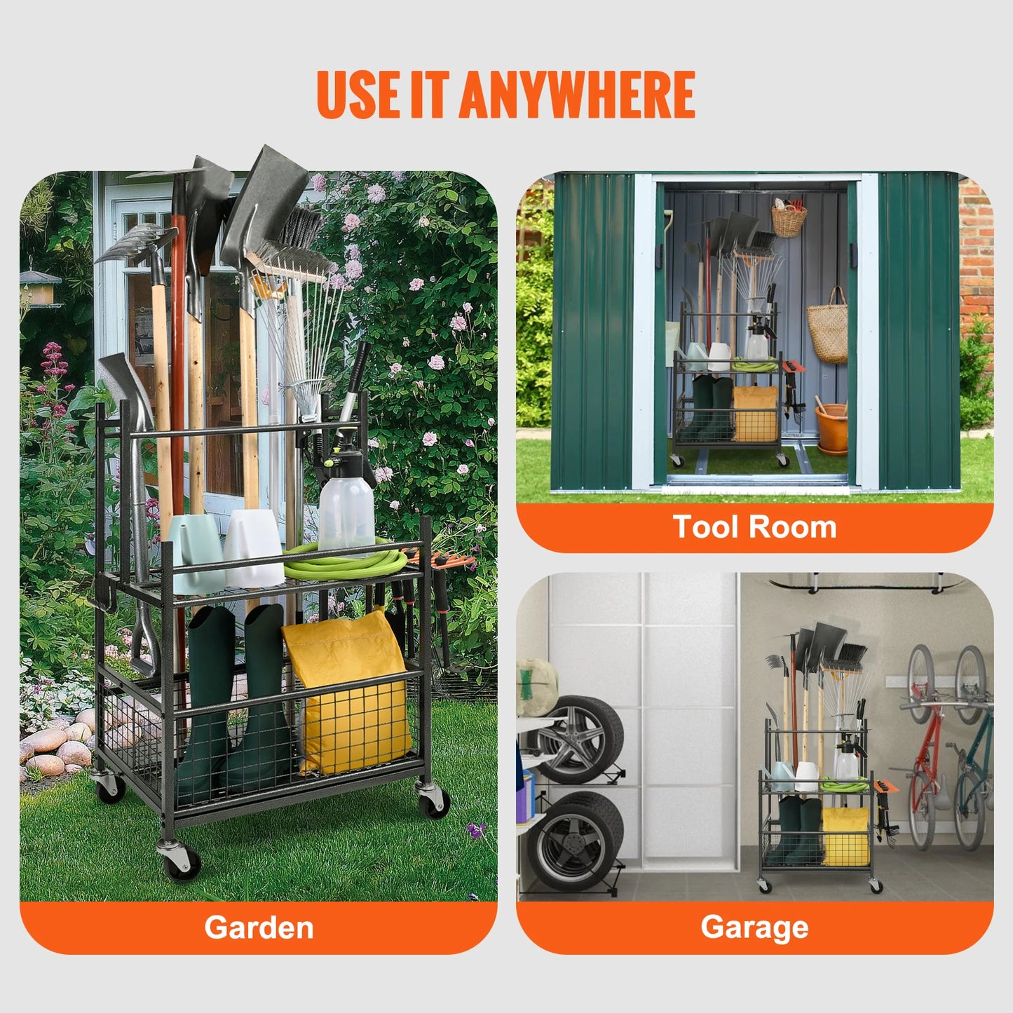 Garden Tool Organizer with Hooks and Wheels