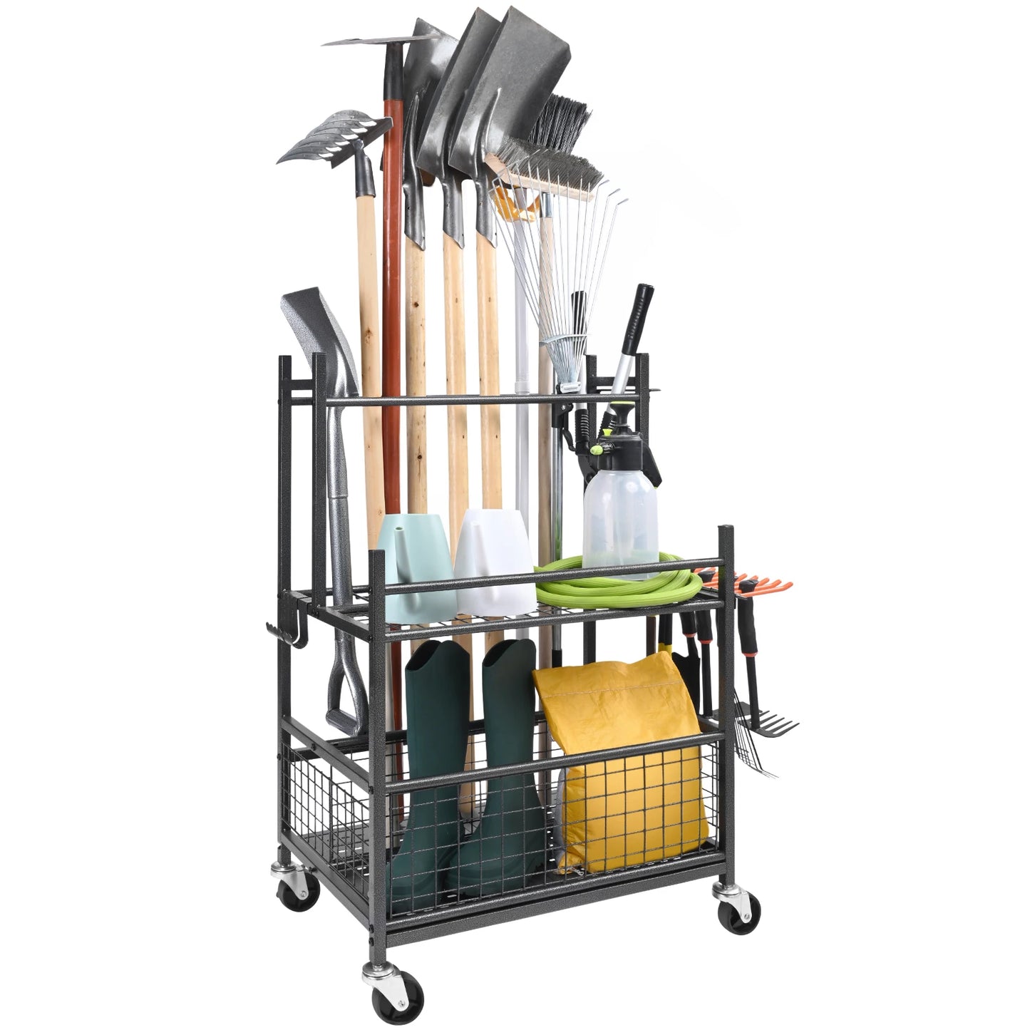 Garden Tool Organizer with Hooks and Wheels