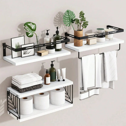 Rustic Wood Floating Bathroom Shelves With Towel Bar