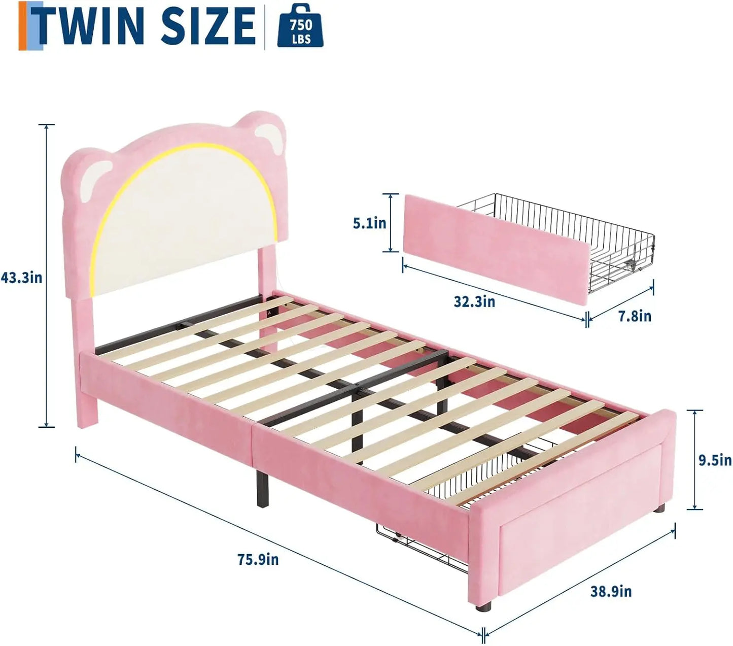 Twin LED Bed Frame with Storage and Velvet Headboard – Pink