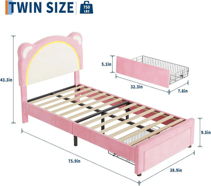 Twin LED Bed Frame with Storage and Velvet Headboard – Pink