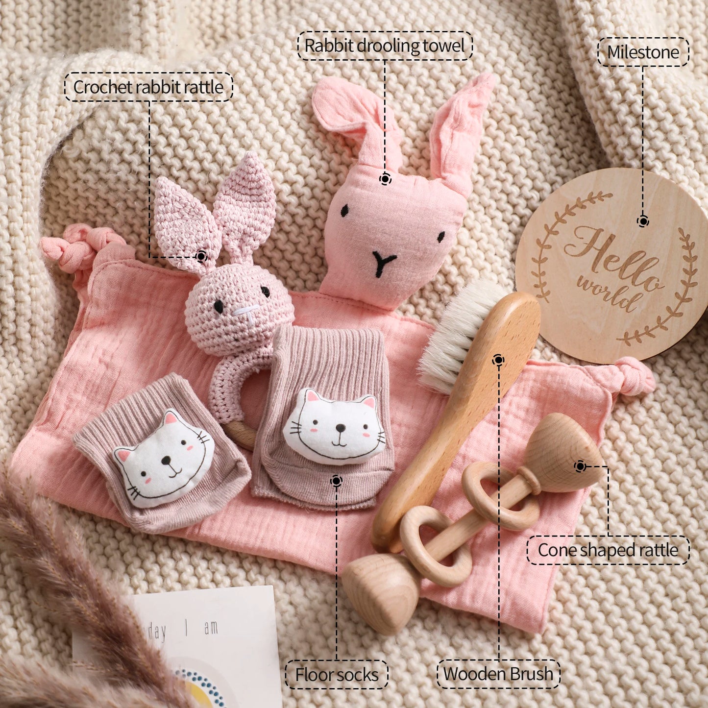 7 Piece Newborn Baby Gift Set with Cotton Blanket, Wooden Rattle and Bath Items