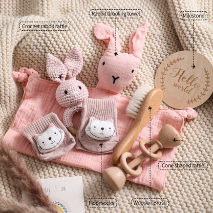 7 Piece Newborn Baby Gift Set with Cotton Blanket, Wooden Rattle and Bath Items