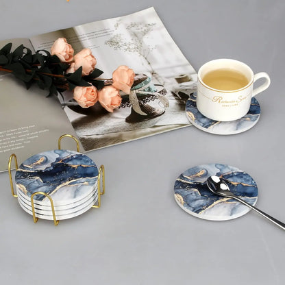 Ceramic Marble Coaster Set With Gold Holder