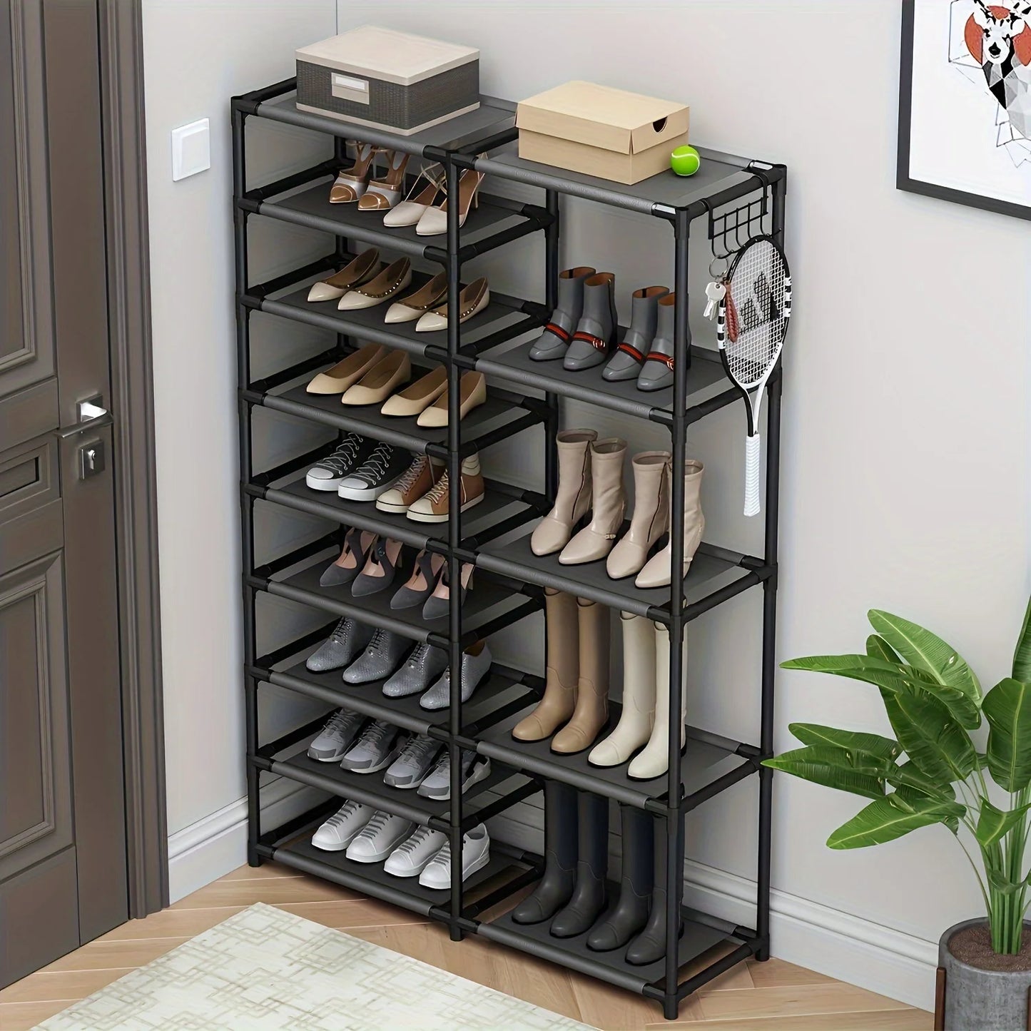 9-Tier Tall Shoe Rack With Hooks
