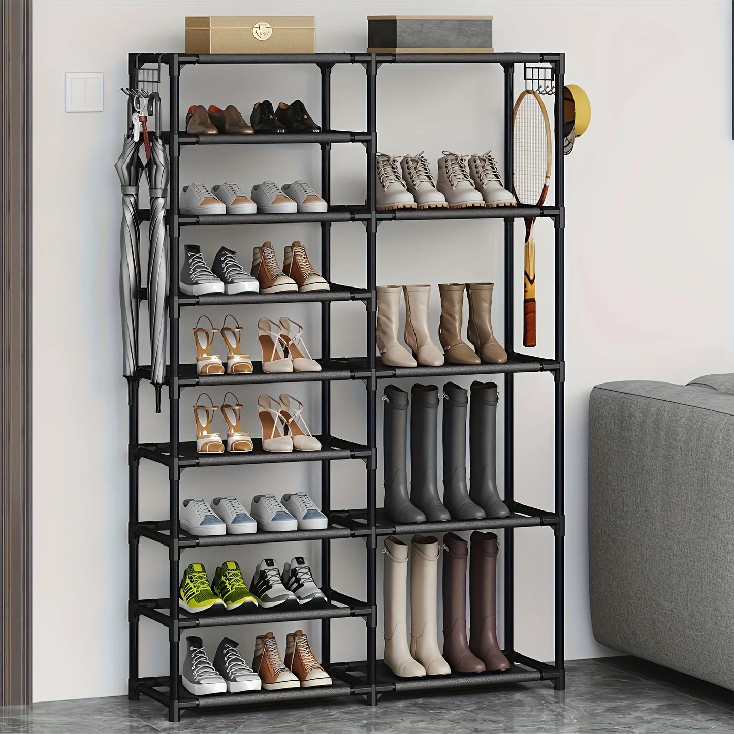 9-Tier Tall Shoe Rack With Hooks