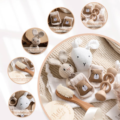 7 Piece Newborn Baby Gift Set with Cotton Blanket, Wooden Rattle and Bath Items