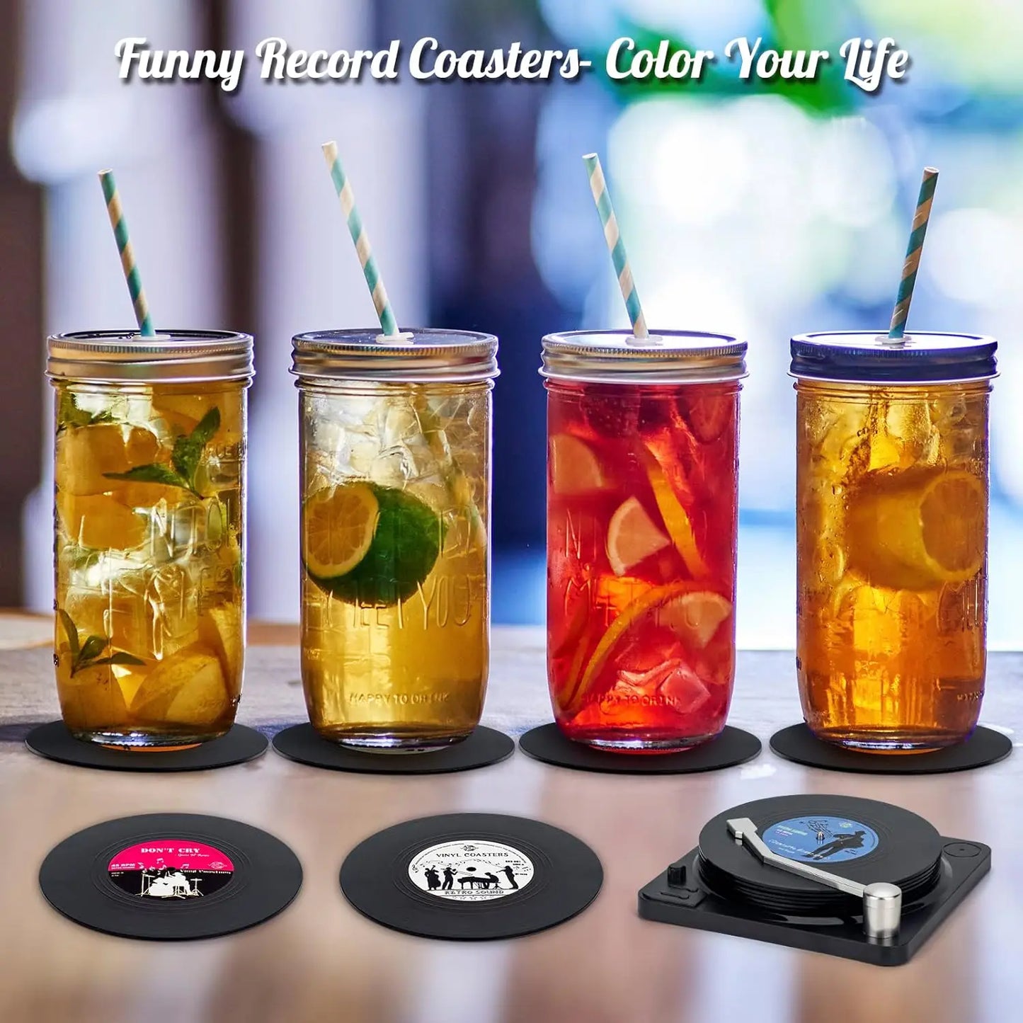 Retro Vinyl Record Coasters With Player Holder