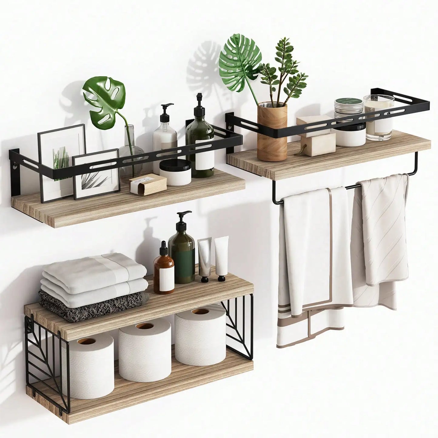 Rustic Wood Floating Bathroom Shelves With Towel Bar