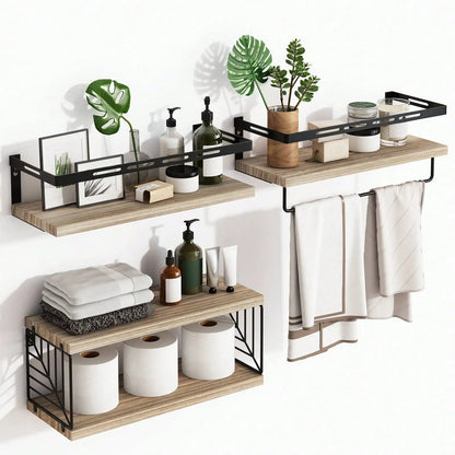 Rustic Wood Floating Bathroom Shelves With Towel Bar