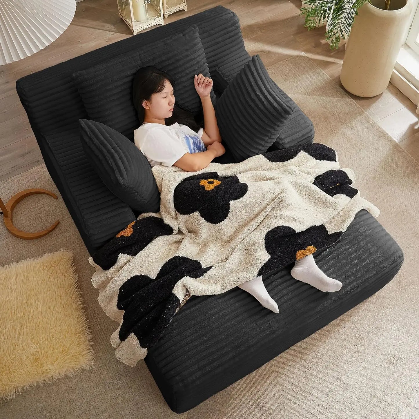 Oversized Chaise Lounge Chair with Pillows and Corduroy Fabric for Living Room or Bedroom