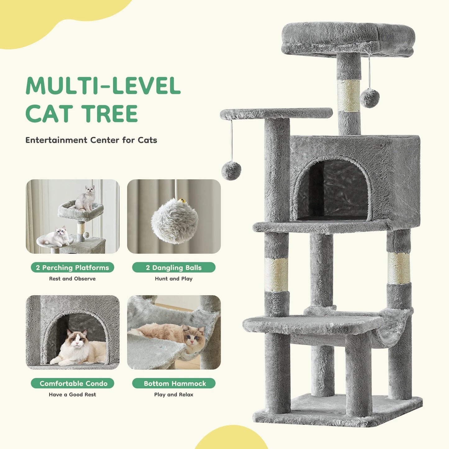 44in Cat Tree with Natural Sisal Scratching Posts for Indoor Cat