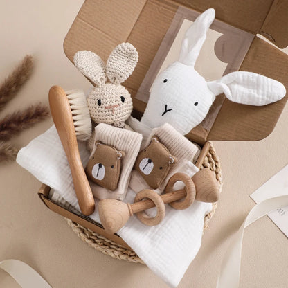 7 Piece Newborn Baby Gift Set with Cotton Blanket, Wooden Rattle and Bath Items