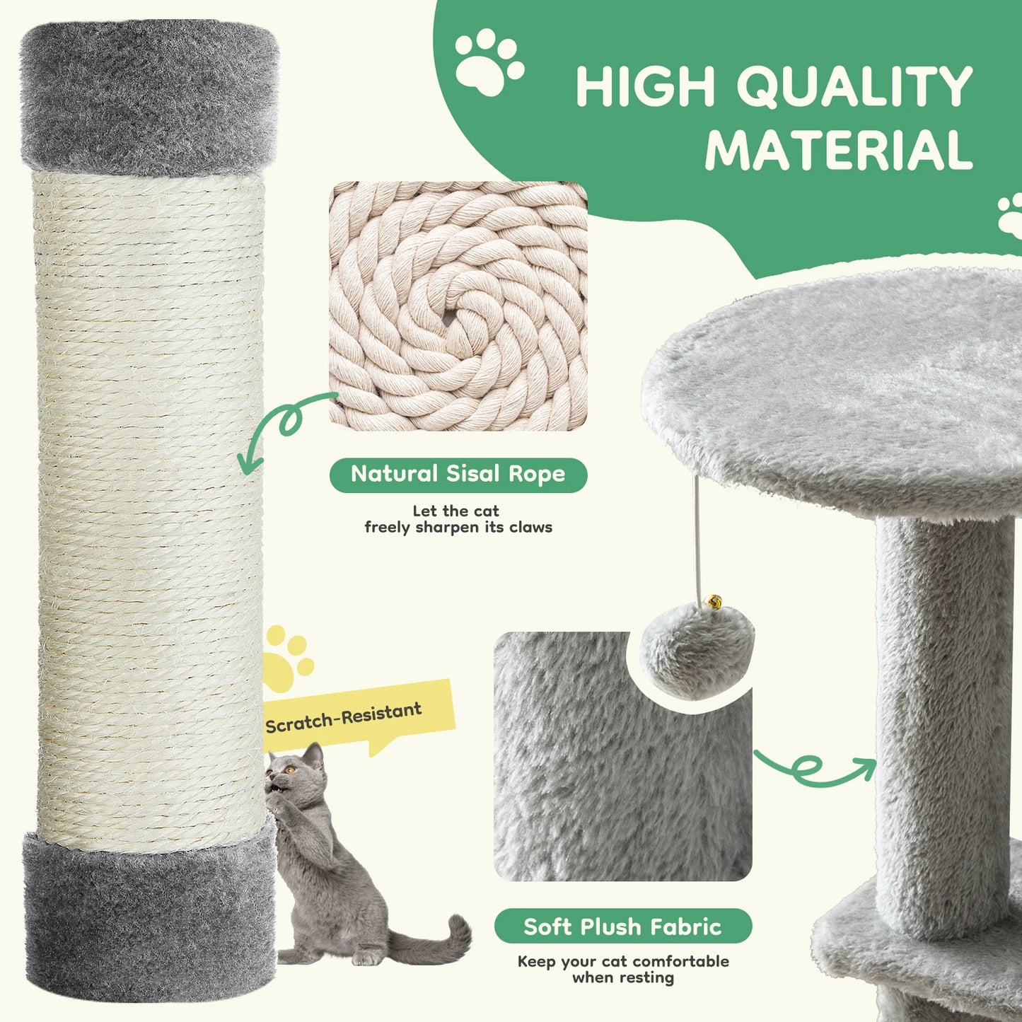 44in Cat Tree with Natural Sisal Scratching Posts for Indoor Cat