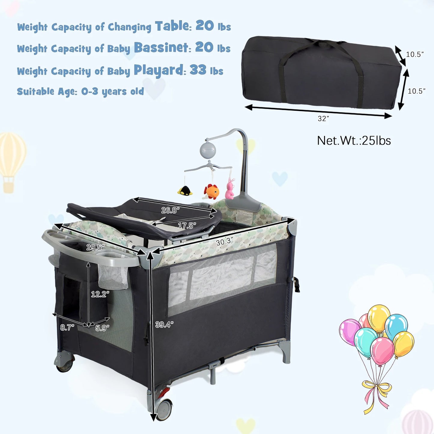 Baby Playard with Changing Table, Lockable Wheels and Music Box – Foldable Bedside Sleeper