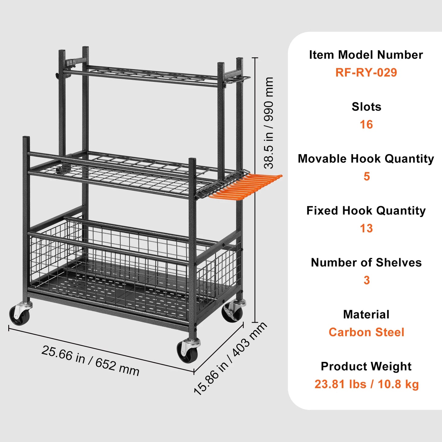Garden Tool Organizer with Hooks and Wheels