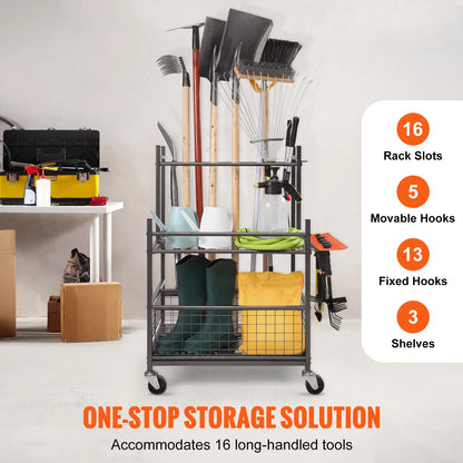Garden Tool Organizer with Hooks and Wheels