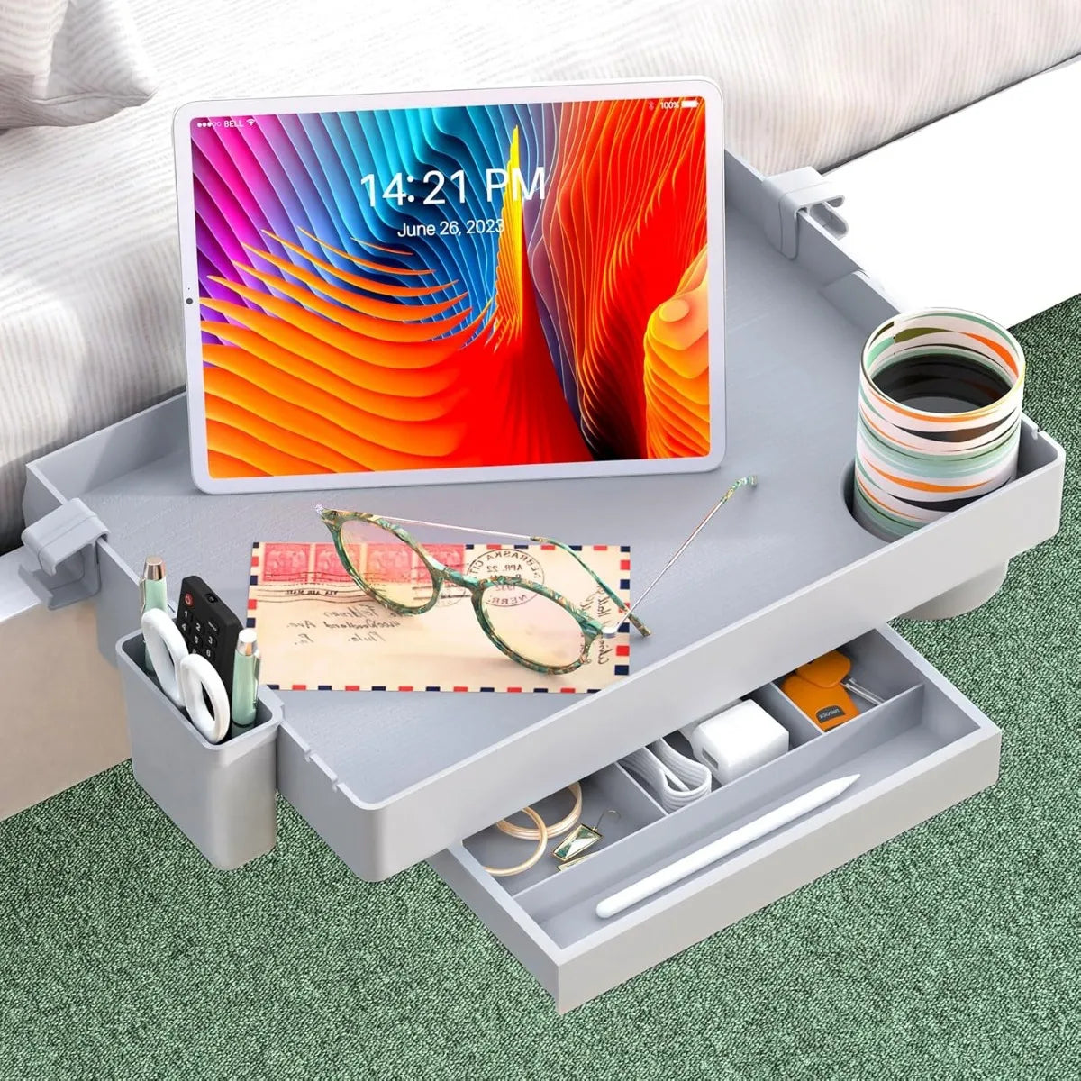 Foldable Bedside Nightstand Tray with Cup Holder