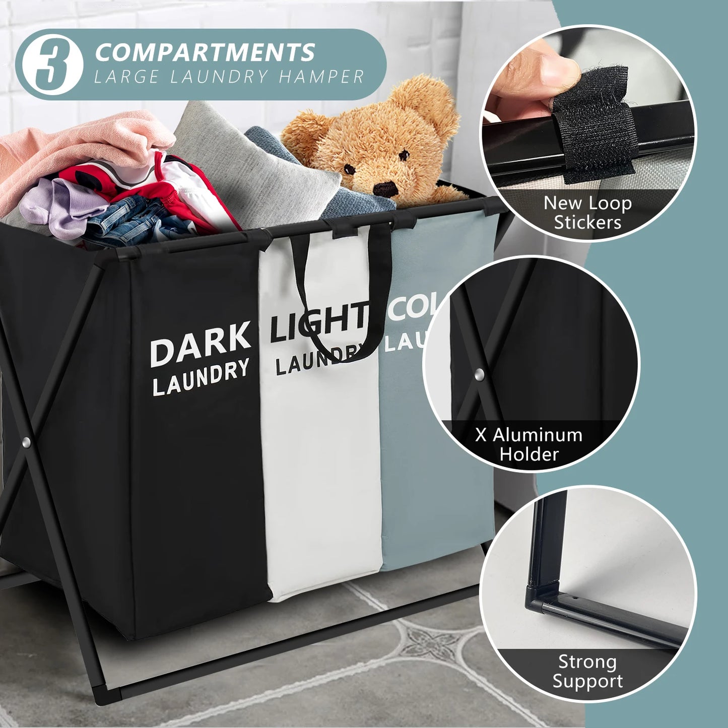 3-Section Divided Foldable Laundry Basket
